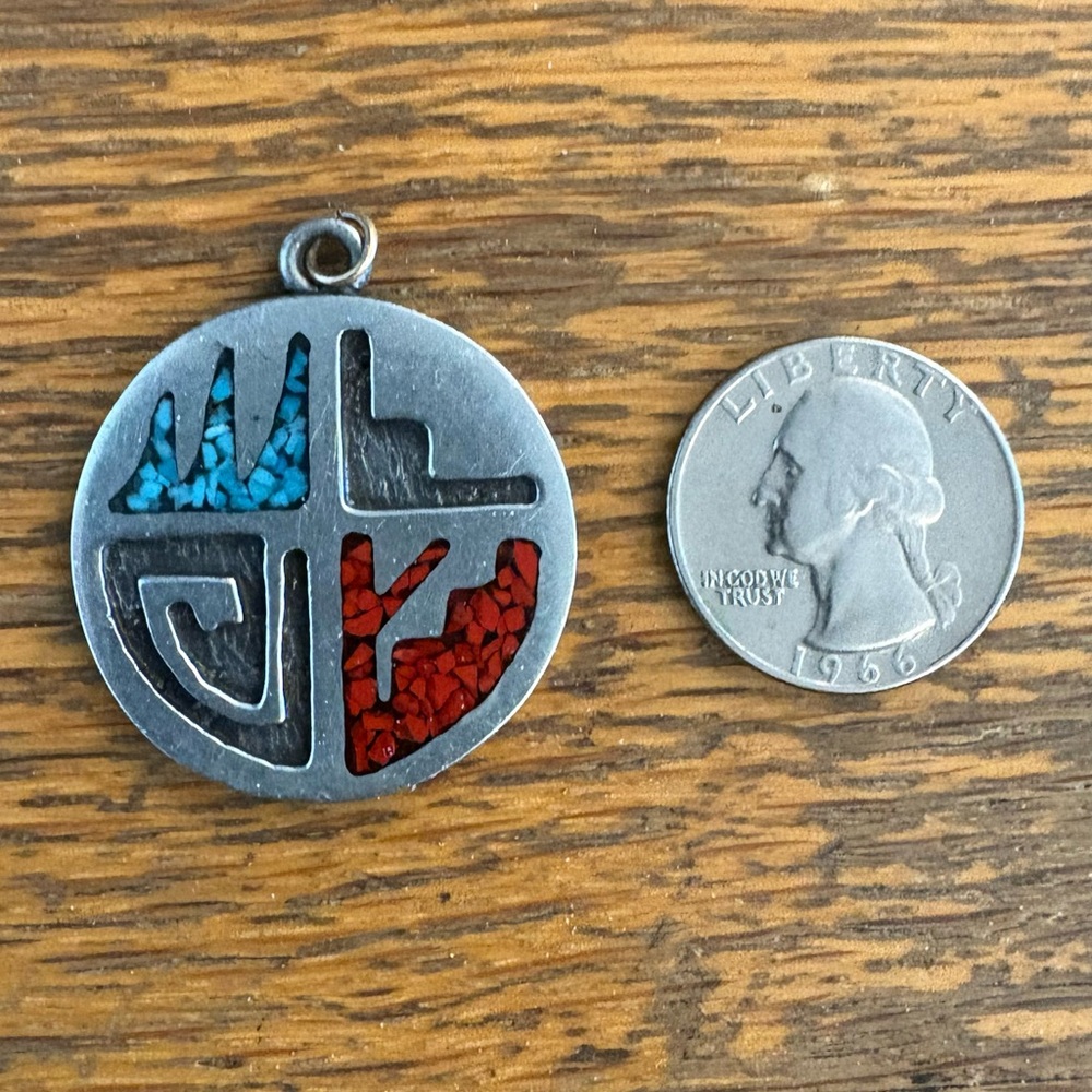 Round Silver Pendant with Red and Blue Inlay
